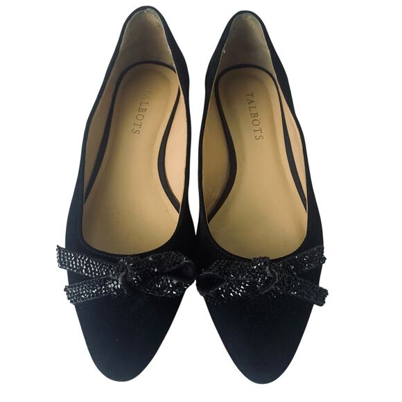 Talbots Size 7.5 Black Edison Velvety Suede Sparkly Pointed Toe Bow Ballet Flats - Picture 1 of 16